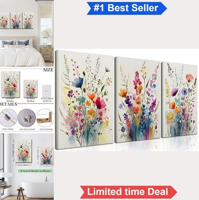 3 Piece Canvas Wall Art Wildflowers Floral Watercolor Prints Colorful 12x16