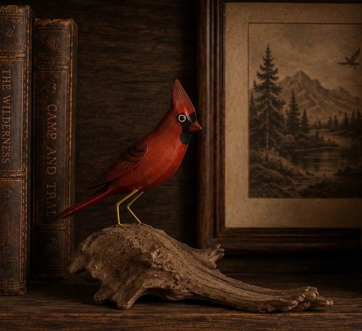 AMERICAN Red Cardinal BIRD WOOD DECOY CARVING Hand Crafted FOLK CABIN 
