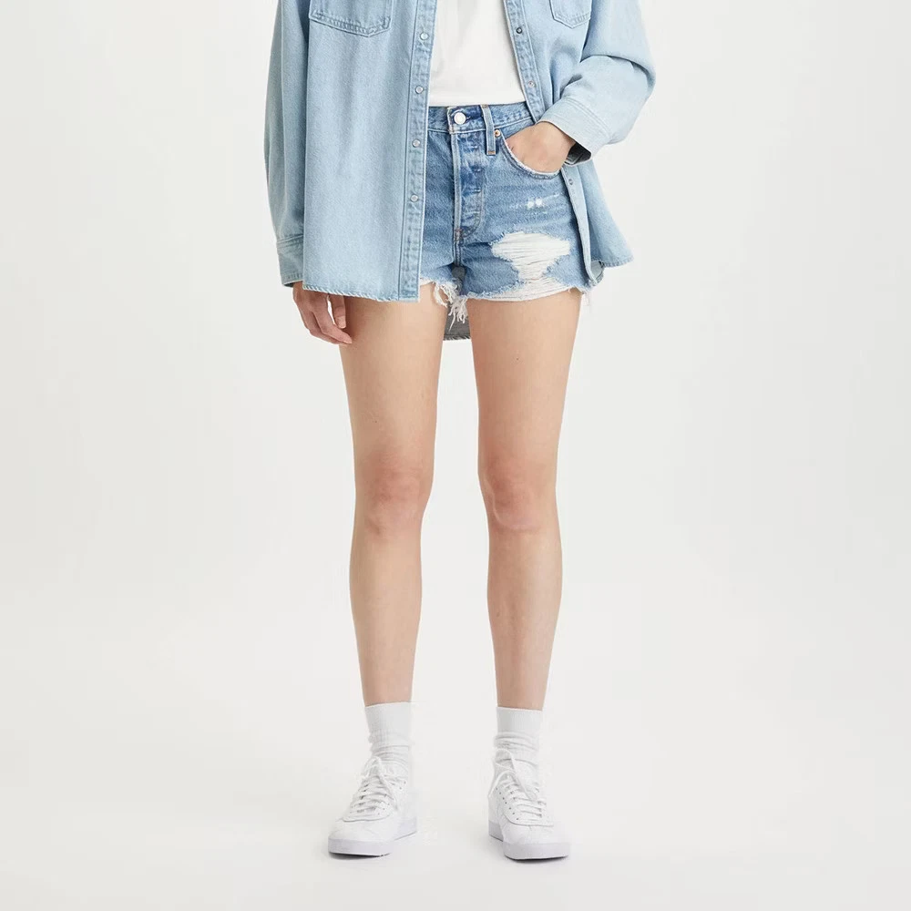 Levi 501 Original Women High-Rise Distressed Jean Denim Shorts, Blue, 34