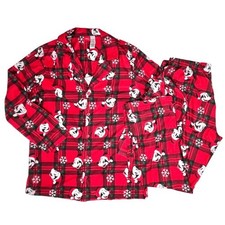 Disney Mickey Mouse Holiday Party Santa Hat Plaid Flannel Pajama Pant Set LARGE