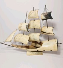 Vintage 18" Hand Carved Horn Sailing Ship Nautical Boat - Wind-Up Musical