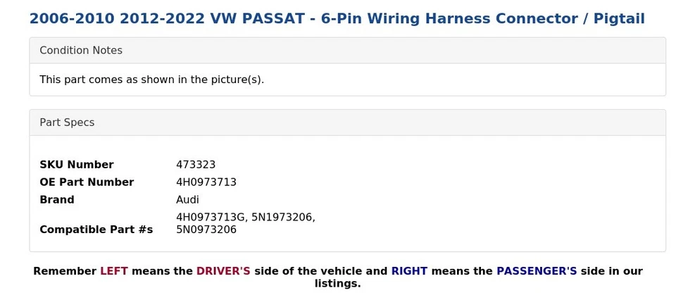 VW PASSAT 2006-2010 2012-2022 - Conector de arnés de cableado de 6 pines / coleta Foto 3 de 3