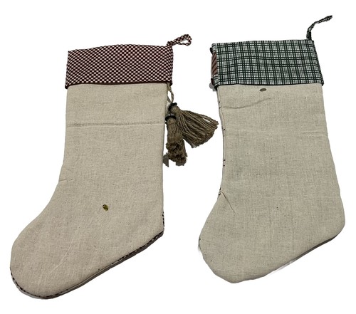 NEW 2 Christmas Stockings Rustic Tassel Burlap Buttons Cottage Farm Core - Picture 2 of 2