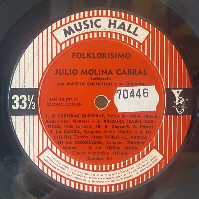 Vinyl LP: Julio Molina Cabral, “FOLKLORISIMO” 1966 Mono Music Hall
