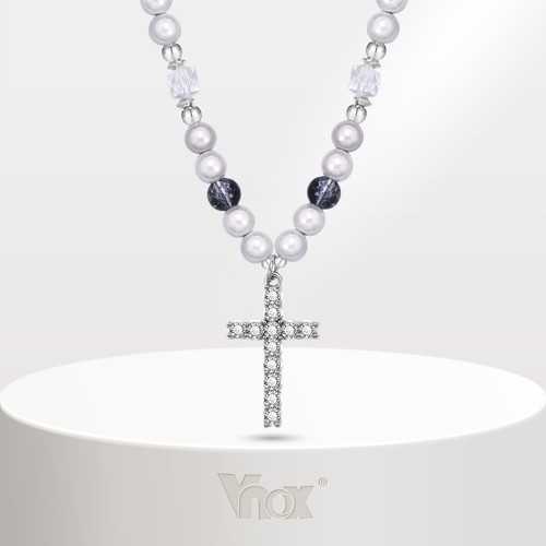 Vnox Simulated Pearl Chain Crystal Cross Pendant Necklace Men Choker Jewelry - Picture 1 of 9