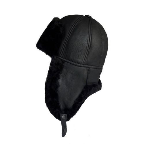 Campero de Cuero Negro Cuero de Oveja Genuino Ushanka Sombrero Aviador S-XXXL - Imagen 2 de 7