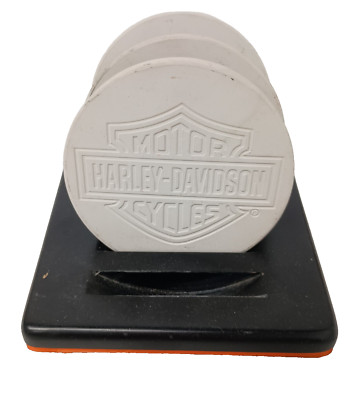 Vintage 2005 Harley Davidson Monogramed Ceramic Coaster Set of Three With Holder