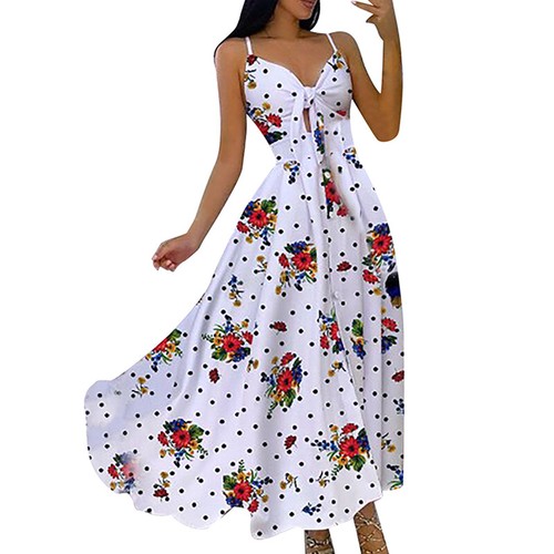 Damen Blumen Lange Kleider Bindeband Straps Sommer Maxi Boho Urlaub Strand Sommerkleid - Bild 23 von 32