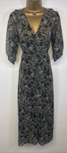 Mango Dress Purple Green Floral Chiffon Button Through Short Sleeve Midi UK S 10