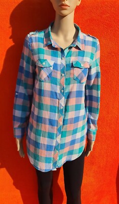 Ladies girls blouse summer size 36 new blue pink H&M shirt pocket checked (1308)