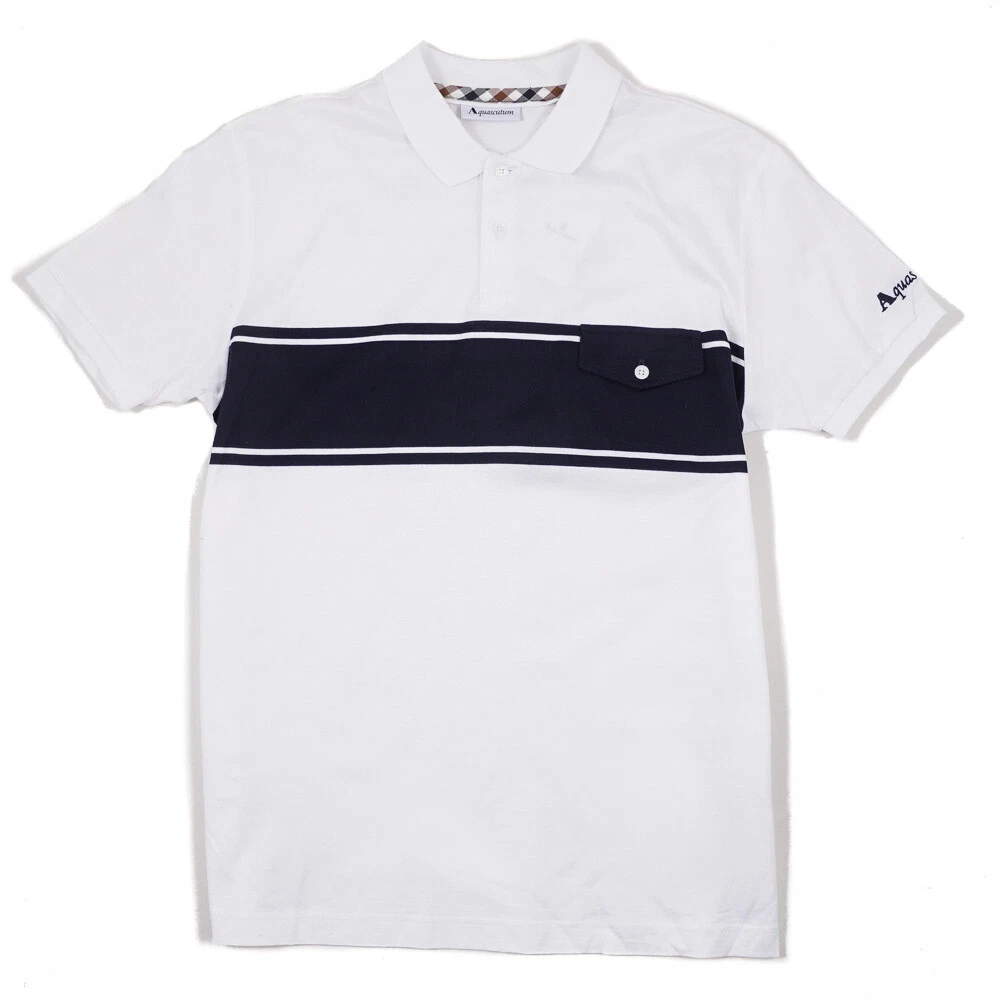 NWT 155 AQUASCUTUM Modern Fit White and Navy Cotton Polo Shirt M