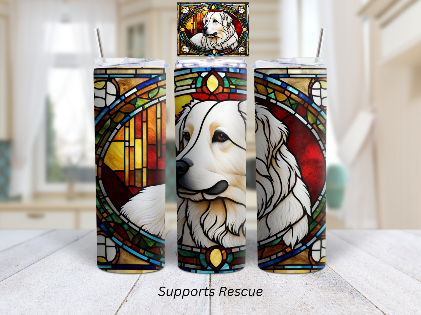 Vibrant Stained Glass Great Pyrenees Dog Design 20 oz Insulated Stainless Steel Tumbler