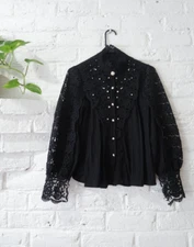 Black Lace High Collar Blouse Womens Embellished Pearls Victorian WhimsiGoth