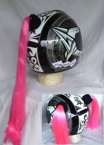 motorcycle helmet with pink pigtails