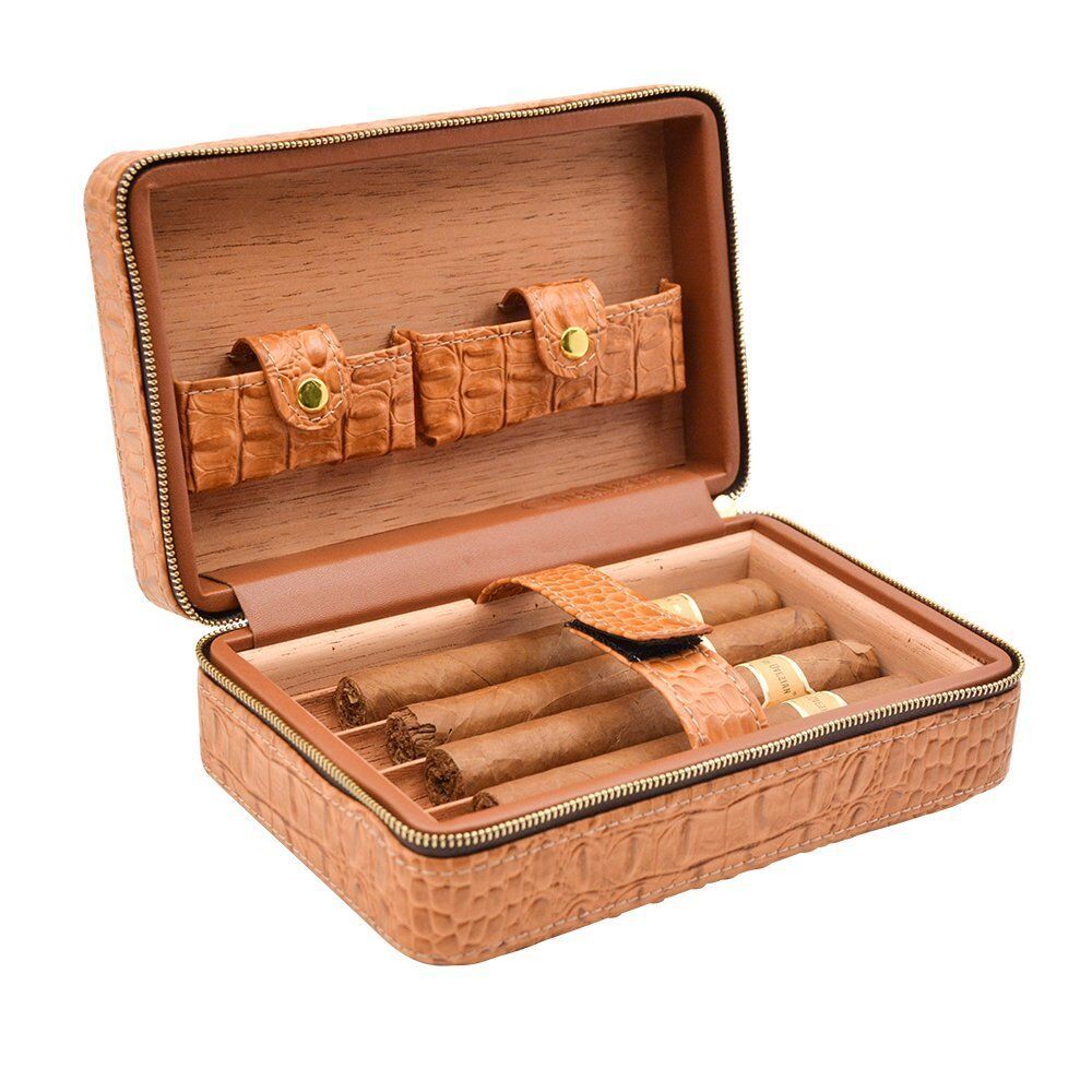 Top Quality crocodile Leather Travel Humidor Cigar Case Cedar Wood With