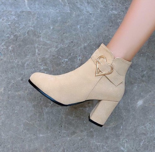 Women Faux Suede Ankle Boots Fashion Round Toe Metal Decor Pumps Mid Heels Size - Bild 6 von 15