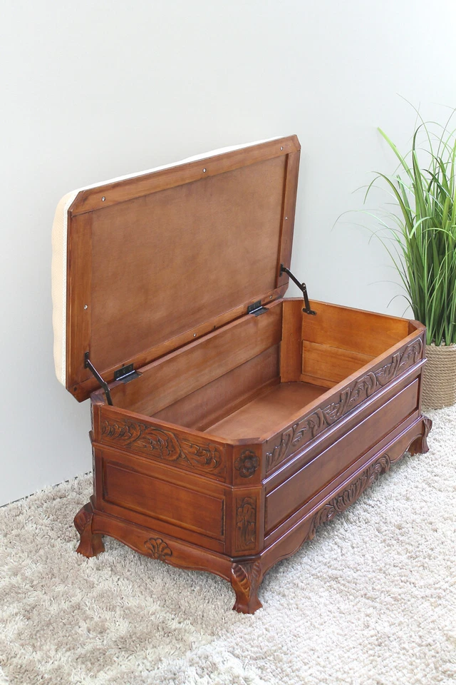 International CaravanInternational Caravan Carved Wood Trunk-Bench with Cushion  - Image 2 of 2