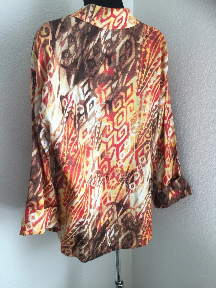 Linen Ikat Top Orange Brown Yellow Unlined JONES NEW YORK Shirt Jacket Size XS - Image 4 of 4