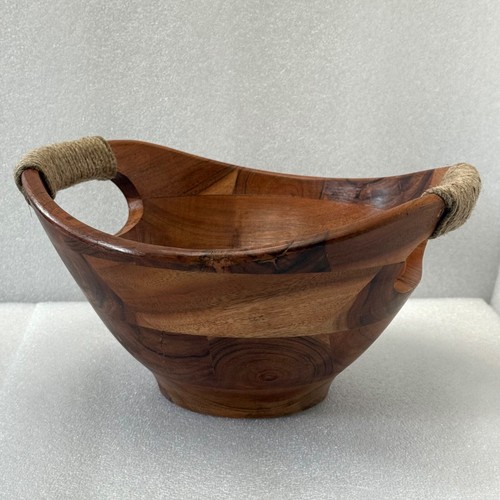 Decorative Dry Foods Wooden Bowl 10.5” Made In India Rope Wrapped Handles Brown