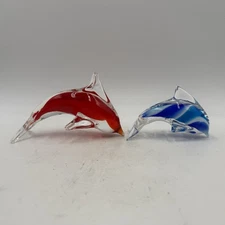 Hand Blown Art Glass Set Of 2 Dolphins Paperweight Murano Style Red Blue Swirl