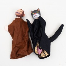 Set of 2 Vintage Hand Puppets Monkey  Cat with Composition Heads Felt Bodies