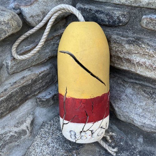 Authentic Maine Lobster Buoy Pot Float Nautical Decor Red White Yellow Weathered