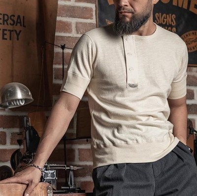 Bronson Herren Vintage Offset Henley Undershirts Half Sleeve Slub Yarn T-Shirts