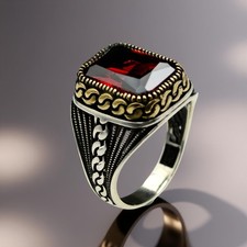 925 Sterling Silver Men's Garnet Ring Red Stone Bold Statement Jewelry