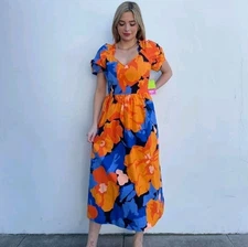 Tabitha Brown Target Orange Blue Floral Tropical Puff Sleeve Midi Dress Size 14