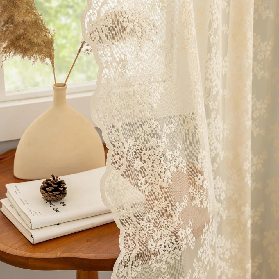 Vintage Lace Sheer Curtains Floral Branch Rod Pocket 52x84 Inch Ivory for French - Image 2 of 4