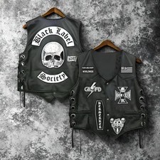 Mens Black Leather Biker Vest Skull Patch Motorcycle Waistcoat Gothic Punk Rider