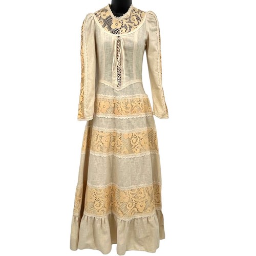 Gunne Sax Vintage 60s Off White Cream Lace Wedding Boho Corset Front Maxi Dress - Bild 2 von 15