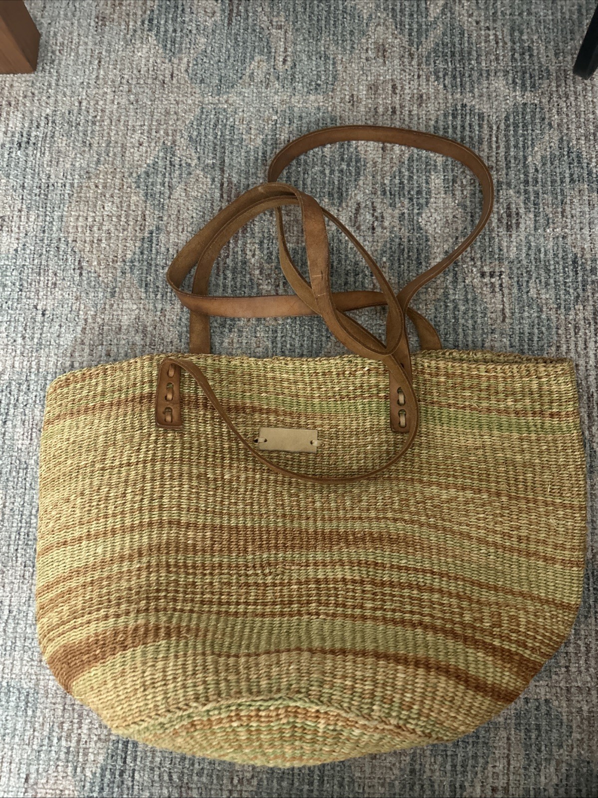 Vintage Sisal Market Bag African Boho Jute Brown Stripes Leather Straps Bucket