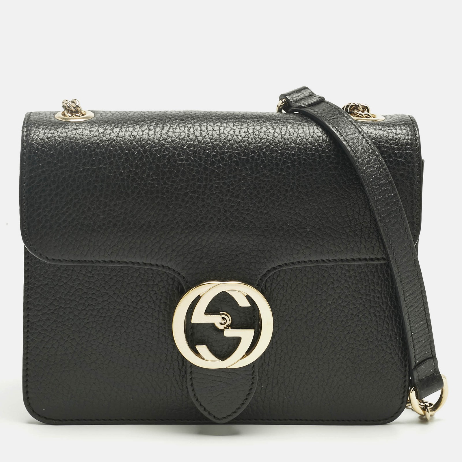 Gucci Black Leather Dollar Interlocking G Flap Chain Shoulder Bag