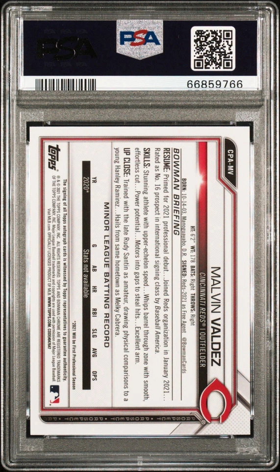 2021 Bowman Chrome 1st Malvin Valdez True Red Refractor Auto /5 PSA 10 - Image 2 of 2