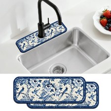 2 Pcs Kitchen Sink Splash Guard Faucet Mat Vintage Porcelain Flowers and Bird...