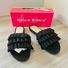 Sandalias Nature Breeze Rolin-01 para mujer negras con volantes en capas de gamuza sintética 8,5