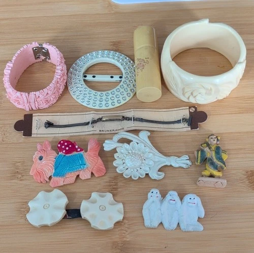Celluloid Vintage Jewelry Lot Clamper Bracelet Bangle Brooch Figurine pin 10pcs