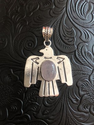 Thunderbird Pendant Stamped Southwest Style Pink Rose Quartz 2'' Artisan Made
