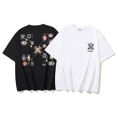 Off Arrow White Jewel Print Men's Cotton Short Sleeve Crew Neck Casual T-Shirt