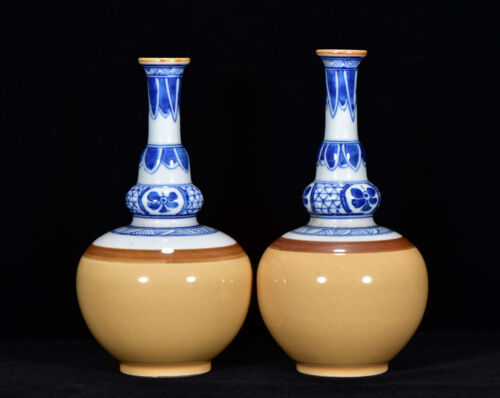 A Pair Yellow Glaze Blue&White Porcelain Handmade Exquisite Gourd Vases 8174 - Picture 1 of 9