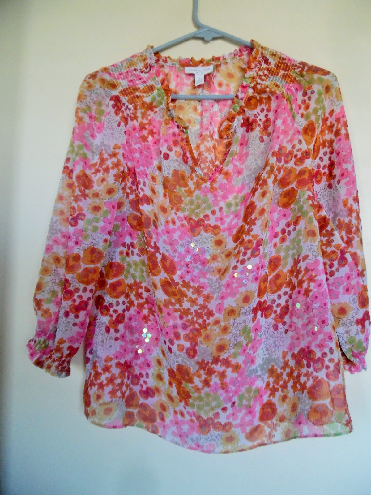 Charter Club Womens Floral Sheer Top, Blouse 3/4 Sleeve, Size Petite PP