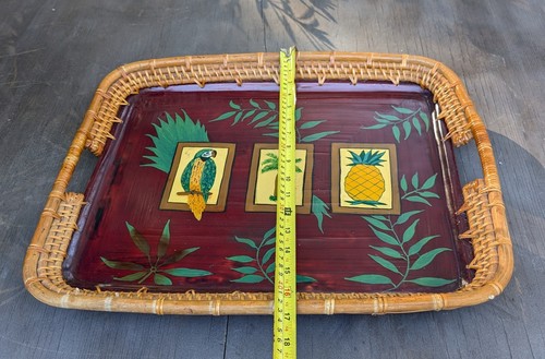 Vintage Boho Tropical Pineapple Parrot Palm TreeHand Painted Serving Tray Wicker - Picture 4 of 5