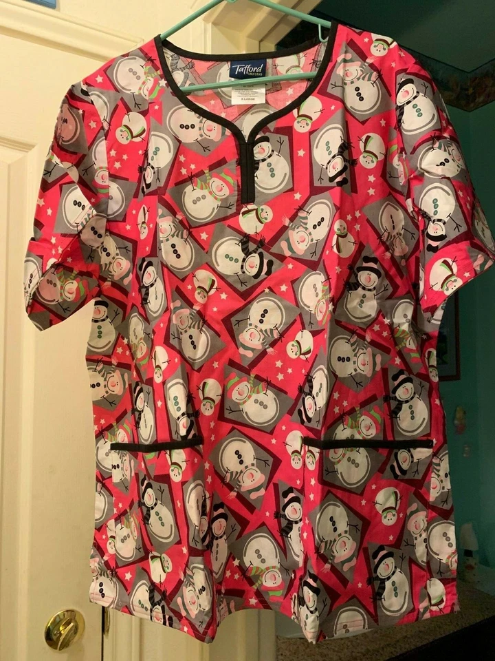 TAFFORD SCRUB TOP SIZES: XS, S, M, PINK CHRISTMAS SNOWMEN NWT NURSE MEDICAL CNA - Image 4 of 4