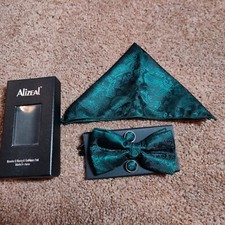 Alizeal Mens Tuxedo Bow Tie, Hanky  Cufflinks Set, Paisley Dark Green Pattern