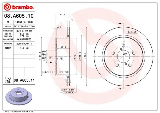 2X Brembo 08.A605.11 Bremsscheibe Passend FüR Subaru-image