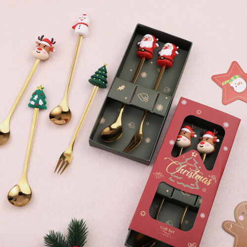 2PCS Spoon Fork Set Dessert Scoop Fruit Fork Coffee Spoon Cutlery Christmas Gift - Picture 1 of 34