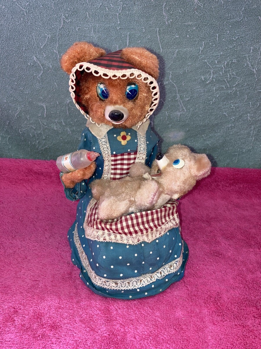 Antique Vintage Tin Battery Op Mama Bear Feeding Baby