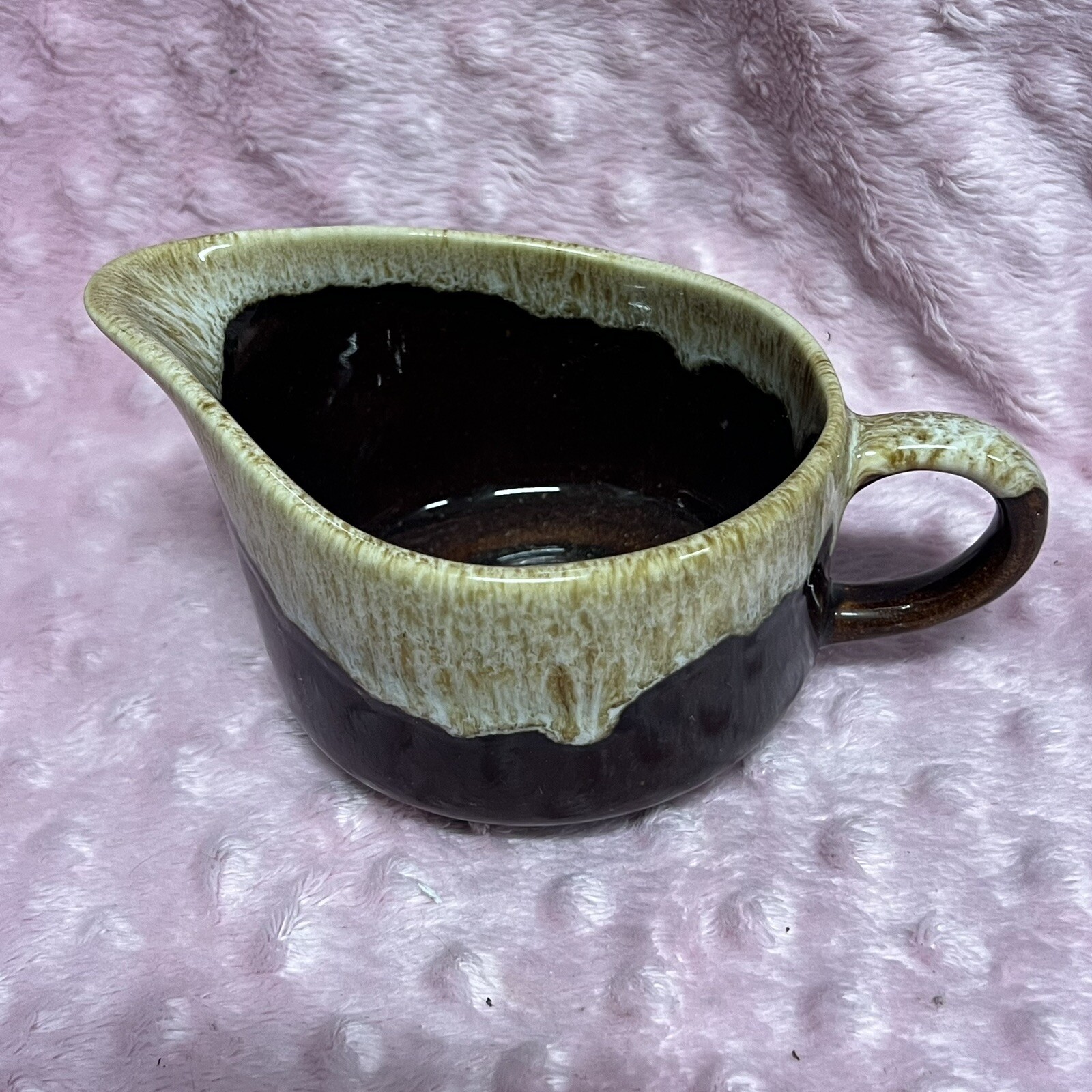 Brown Drip Glazed Pottery Gravy Bowl Creamer Sauce Dish -Vintage