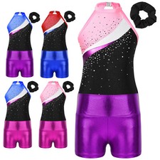 US Kids Girls Gymnastic Leotard Shiny Biketard Unitard with Shorts Hair Tie Set